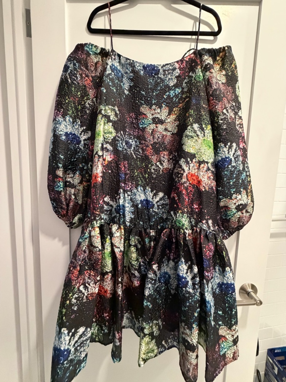 STINE GOYA Black Multicolor Floral Puff Sleeve Off-Shoulder Dress